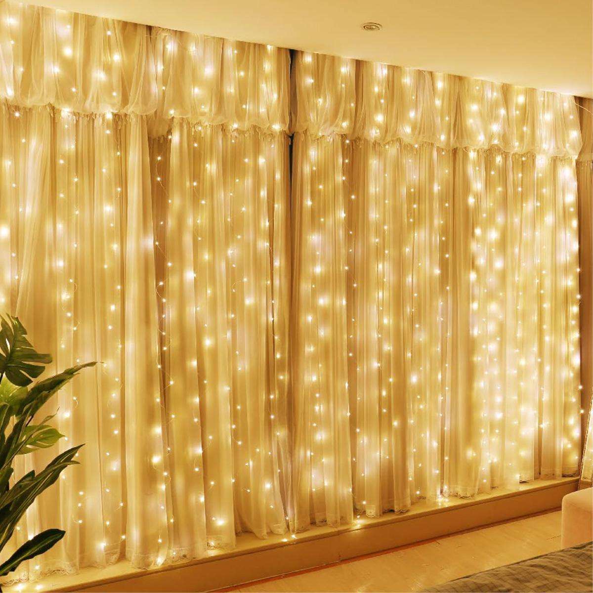300LED Fairy Curtain Lights 9.8x9.8Ft Warm White USB Plug in 8 Modes Christmas String Hanging Lights with Remote
