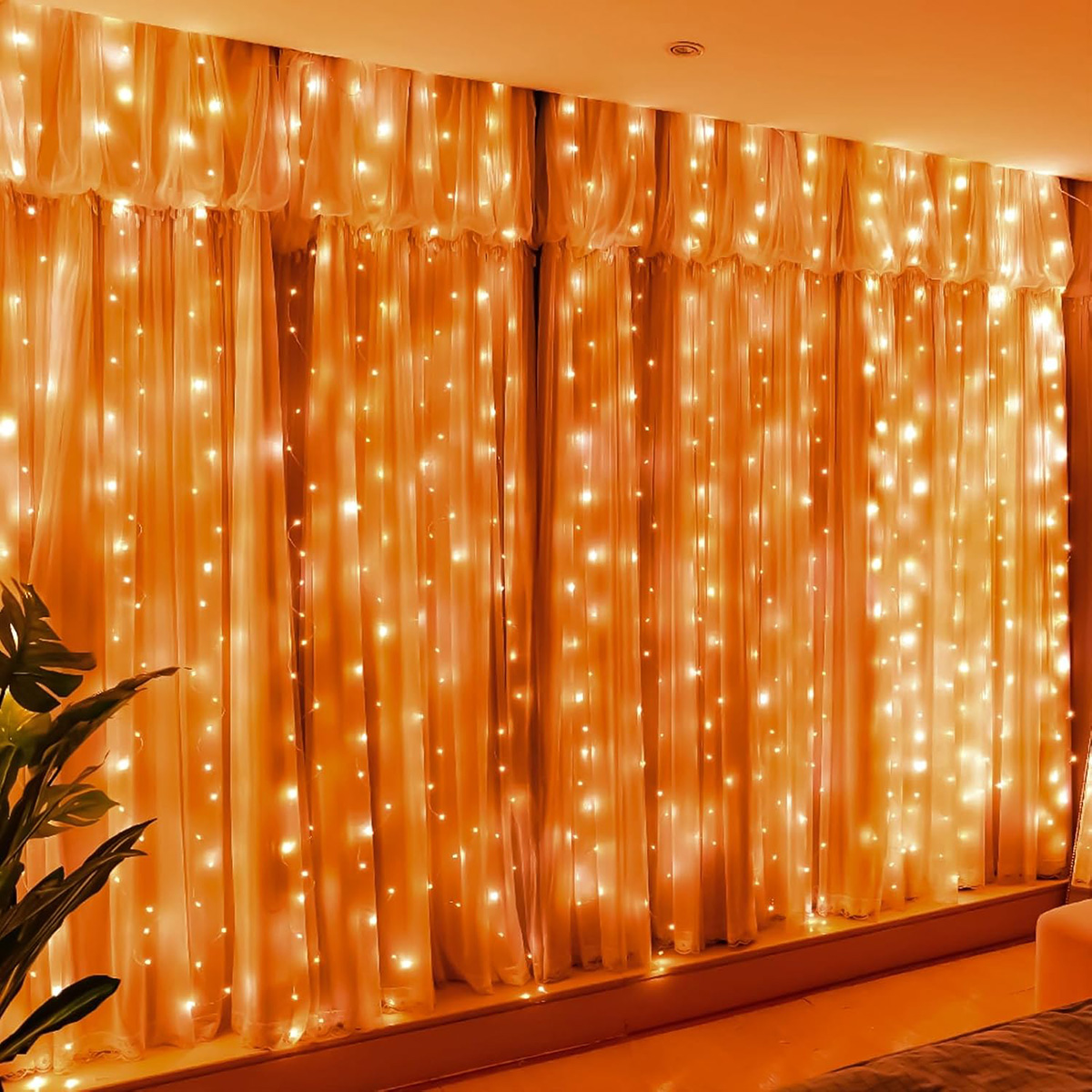 300LED Orange Fairy Curtain Lights with Remote 8 Modes Timer