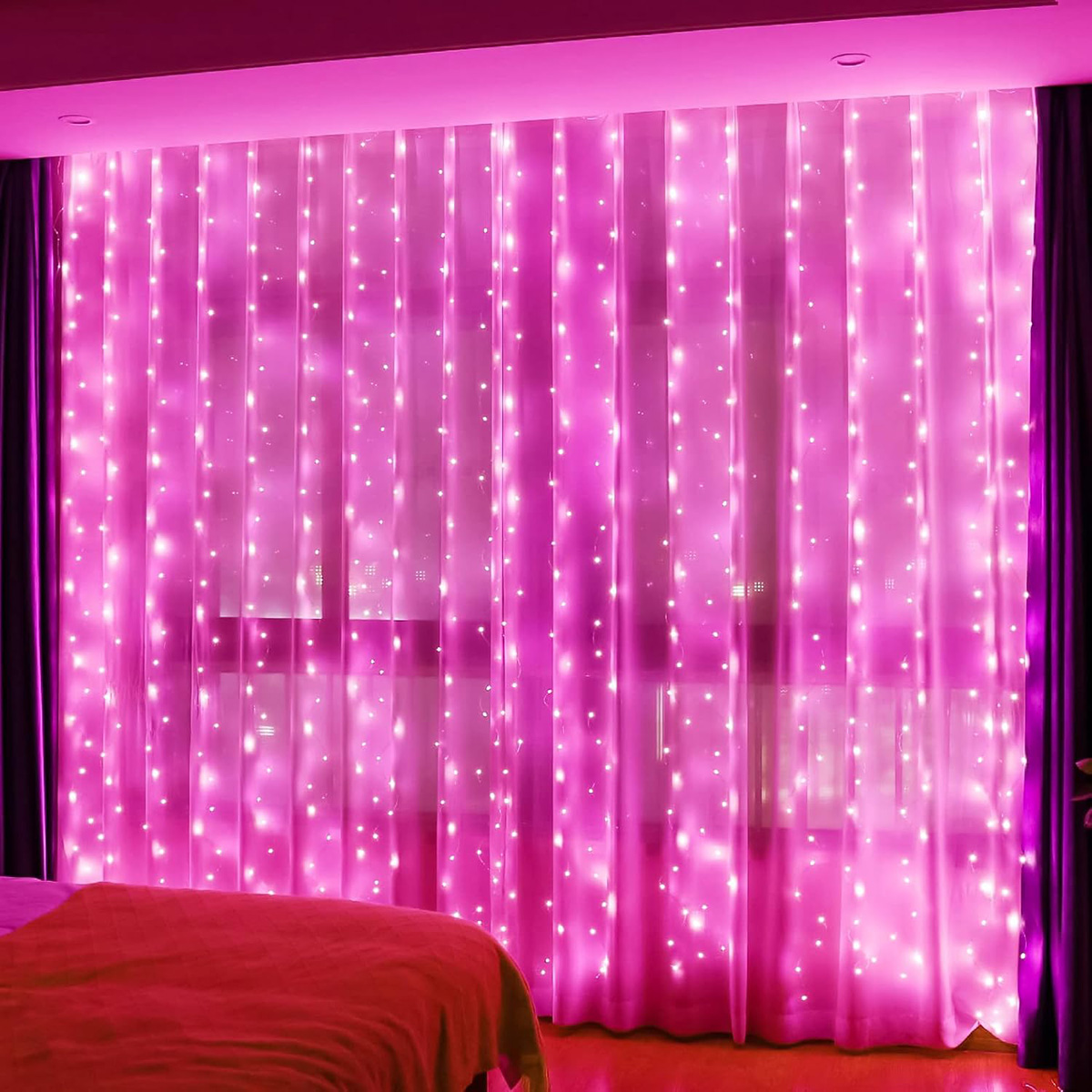 300LED Pink Fairy Curtain Hanging Lights with Remote 8 Modes Timer for Bedroom