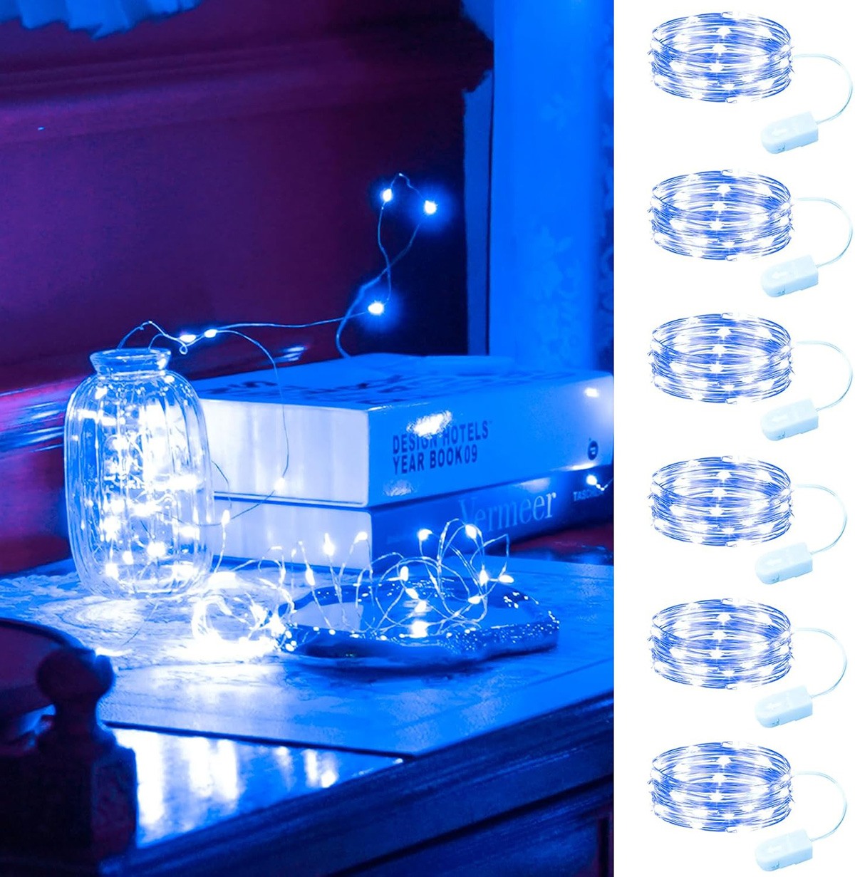 6 Pack Blue Fairy Lights Battery Operated 7ft 20LED Mini Mason Jar Fairy String Lights Waterproof Firefly Starry Light