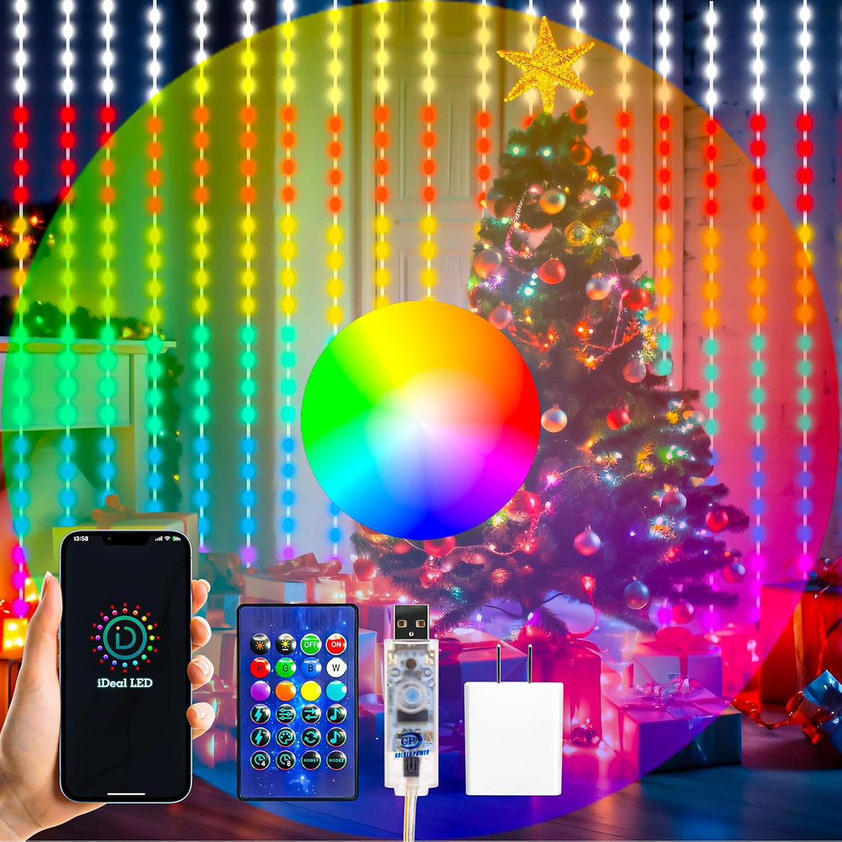 300LED Unlimited RGB Colors Changing Curtain Lights with Remote & APP Control Smart Curtain Hanging Fairy String Lights